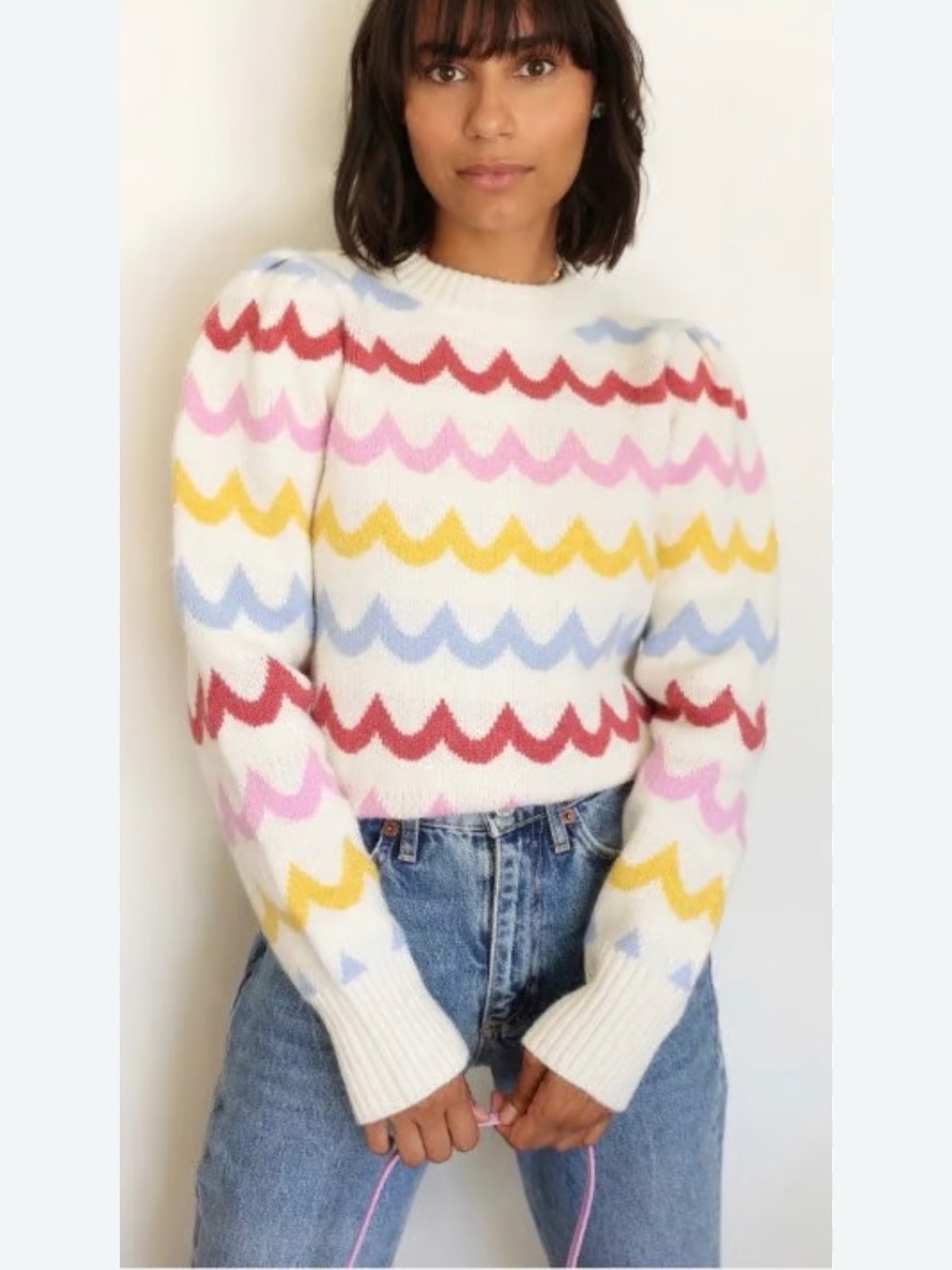 Greylin “Janey" Ivory Wave Retro Look Fitted Crew Neck Sweater size Small